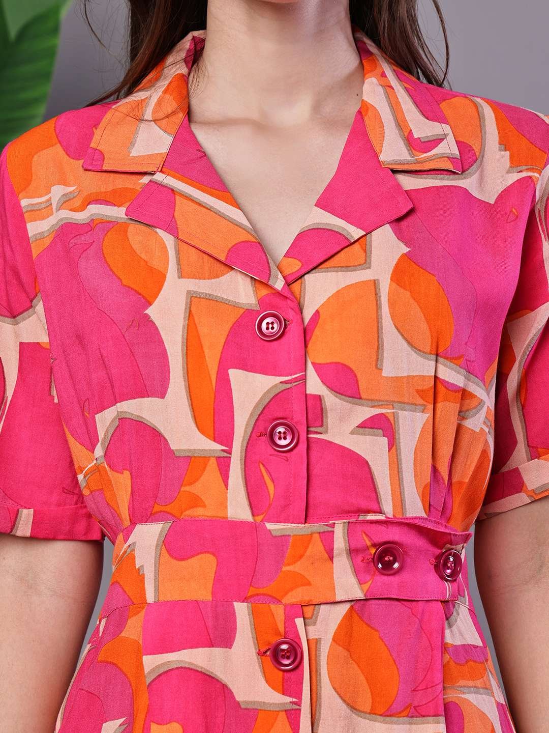Women's Pink & Orange Abstract Print Cotton Shirt Dress - Image 5